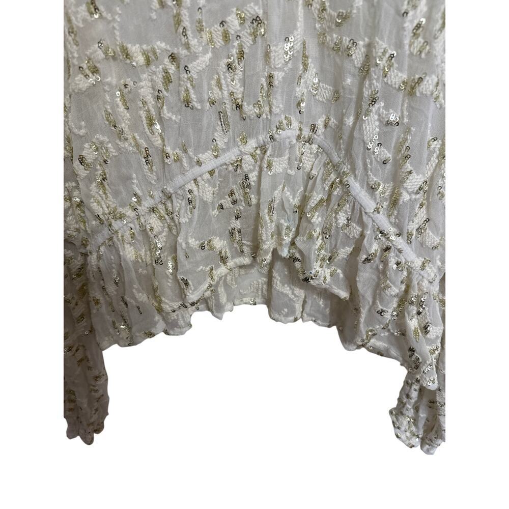 Free People Smile Away Sheer Top Ivory/Gold/Sequins Ruffle Trim Embroidery Small - Picture 4 of 11